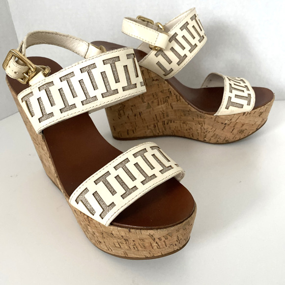 Tory Burch Regan Sandal Wedge Cork Platform White Leather Open Toe Ankle… - Picture 7 of 8